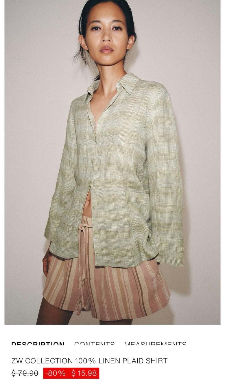 Zara ZW Collection 100% Linen Plaid Shirt in Green